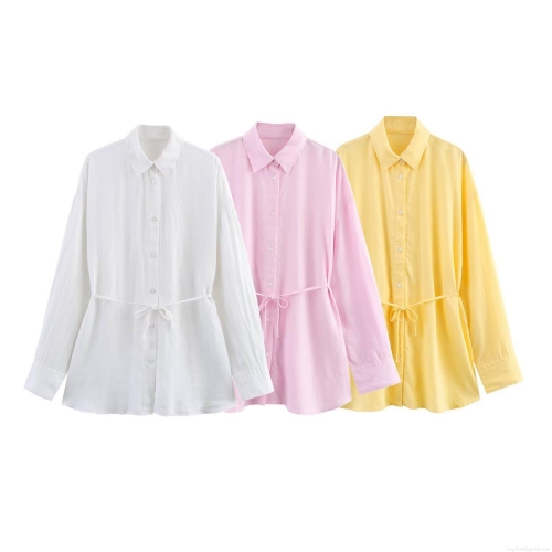 Women's Casual Linen Blend Long Sleeve Shirt With Waist Belt Button Down Solid Color Blouse For Summer Spring Office Daily Wear