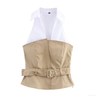 Women's Halter Neck Spliced Top Elegant Patchwork Bandeau Style Blouse With Belt Slim Fit Cotton Blend Sleeveless Shirt For Office Commuting Daily Wear