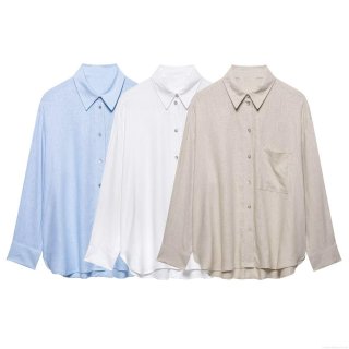 Women's Casual Loose Linen-Look Long Sleeve Shirt Button Down Blouse with Pocket Solid Color Mid-Length Tops for Spring Summer Office Commute