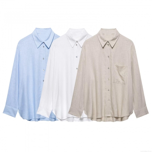 Women's Casual Loose Linen-Look Long Sleeve Shirt Button Down Blouse with Pocket Solid Color Mid-Length Tops for Spring Summer Office Commute