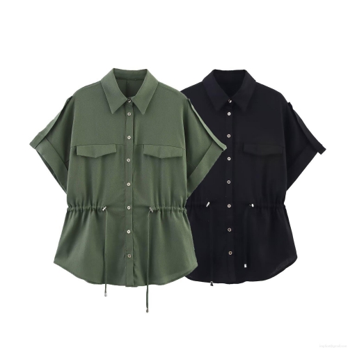 Women's Casual Linen Blend Safari Shirt Short Sleeve Drawstring Waist Blouse With Double Cargo Pockets Solid Color Turn-down Collar Button Down Top Summer Fashion