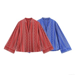 Women's Ethnic Retro Long Sleeve Blouse Geometric Embroidery V-Neck Loose Casual Shirt with Wood Buttons Polyester Blend Cotton Linen Texture Fashion Spring Summer Top