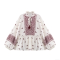 Ethnic Bohemian Print Blouse Tassel Tie Lantern Sleeve Loose Polyester Spandex Cotton Blend Top Floral Paisley Shirt for Women Casual Vacation Spring