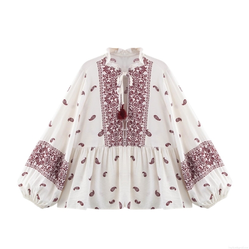 Ethnic Bohemian Print Blouse Tassel Tie Lantern Sleeve Loose Polyester Spandex Cotton Blend Top Floral Paisley Shirt for Women Casual Vacation Spring