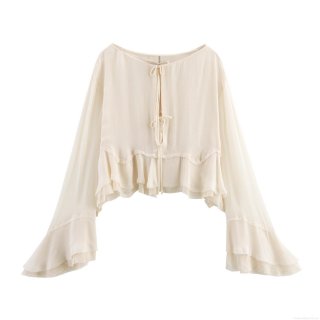 Elegant Women's Chiffon Blouse With Ruffle Flared Sleeve And Tie-Neck Fashion Solid Color Loose Short Top For Office Casual Party