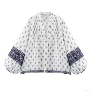 Women Ethnic Printed V-Neck Lantern Sleeve Button Down Blouse Shirt Cotton Linen Feel Loose Casual Spring Summer Boho Style Top Clothing