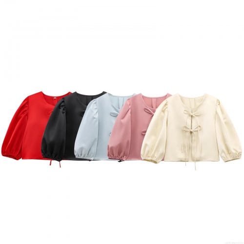 Women's Satin Puff Sleeve Bow Tie Blouse Vintage Elegant Short Top Lantern Sleeve Round Neck Solid Color Shirt for Party Date Women Clothing