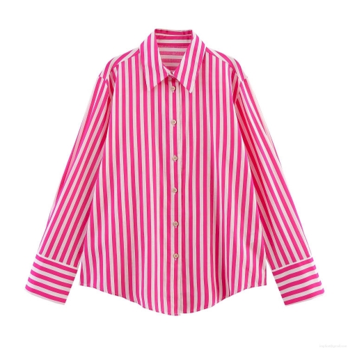 Women's Fashion Casual Linen Blend Striped Loose Long Sleeve Shirt Button Down Lapel Collar Mid-Length Breathable Blouse For Daily Wear