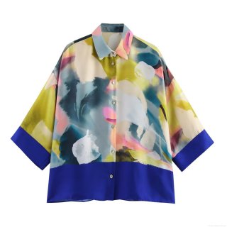 Women's Artistic Print Blouse Satin Texture Abstract Ink Half Sleeve Button Down Casual Shirt Loose Summer Tops For Women