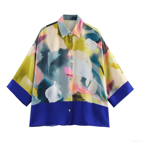 Women's Artistic Print Blouse Satin Texture Abstract Ink Half Sleeve Button Down Casual Shirt Loose Summer Tops For Women