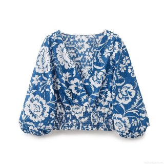 Women's Floral Print Embroidery Blouse V Neck Puff Long Sleeve Smocked Waist Cotton Blend Elegant Vacation Holiday Style Summer Crop Top