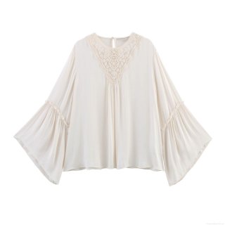 Women's Vintage Ethnic Embroidery Lace Blouse Elegant Pleated Long Sleeve Ruffle Cuff Solid Off-white Chiffon Shirt Loose Casual Palace Style Top
