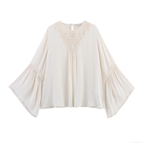 Women's Vintage Ethnic Embroidery Lace Blouse Elegant Pleated Long Sleeve Ruffle Cuff Solid Off-white Chiffon Shirt Loose Casual Palace Style Top