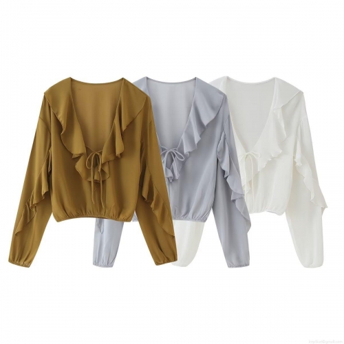 Women's Elegant Chiffon Texture Blouse V-Neck Ruffle Layered Lace-up Long Sleeve Shirt Casual Office Solid Color Loose Fashion Top