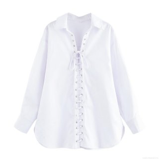 Women's Casual Long Sleeve Blouse Cotton Blend Lace-Up Drawstring Shirt Turn-Down Collar Loose Pullover Top Solid Color Daily Minimalist Summer Fashion Streetwear