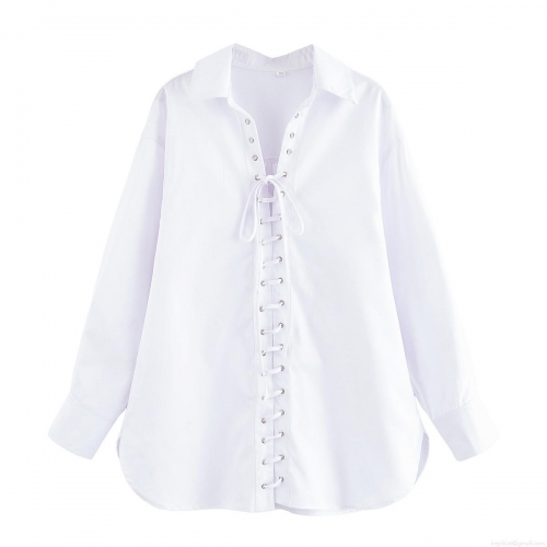 Women's Casual Long Sleeve Blouse Cotton Blend Lace-Up Drawstring Shirt Turn-Down Collar Loose Pullover Top Solid Color Daily Minimalist Summer Fashion Streetwear