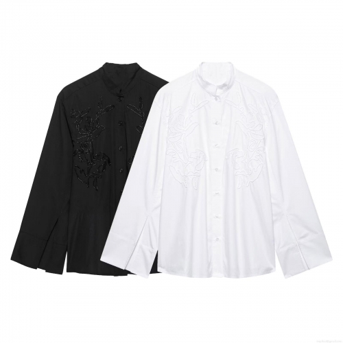 Elegant Women Polyester Woven Blouse Floral Vine Embroidery Stand Collar Side Slit Long Sleeve Single Breasted Casual Office Work Shirt