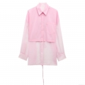 Women's Pink Patchwork Long Sleeve Shirt Sheer Organza Mesh Button Up Blouse With Back Tie Bow Sweet Casual Loose Summer Tops For Ladies