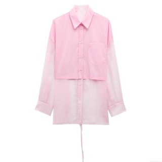 Women's Pink Patchwork Long Sleeve Shirt Sheer Organza Mesh Button Up Blouse With Back Tie Bow Sweet Casual Loose Summer Tops For Ladies