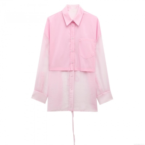 Women's Pink Patchwork Long Sleeve Shirt Sheer Organza Mesh Button Up Blouse With Back Tie Bow Sweet Casual Loose Summer Tops For Ladies