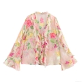 Women's Elegant Floral Chiffon Blouse V Neck Layered Ruffles Long Flare Sleeve Pullover Top For Casual Dating Women Pink