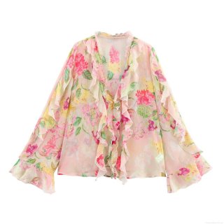 Women's Elegant Floral Chiffon Blouse V Neck Layered Ruffles Long Flare Sleeve Pullover Top For Casual Dating Women Pink