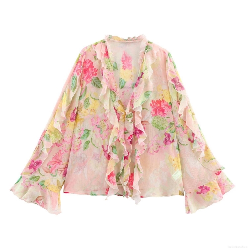 Women's Elegant Floral Chiffon Blouse V Neck Layered Ruffles Long Flare Sleeve Pullover Top For Casual Dating Women Pink