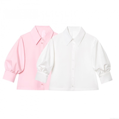Women Puff Sleeve Button Down Shirt Polyester Cotton Blend Summer Sweet Minimalist Turn-down Collar Solid Striped Blouse Top Casual Fashion Ladies Clothing