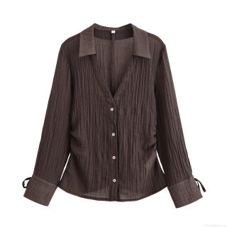 Women's Elegant Deep Brown Pleated Blouse 100% Polyester V-Neck Long Sleeve Shirt With Bow Tie Cuffs Slim Fit Casual Top For Daily Commute