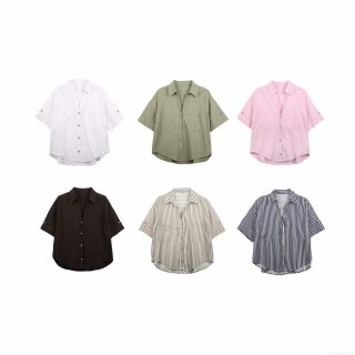 Women's Casual Linen Cotton Striped Short Sleeve Shirt Lapel Loose Fit Button Up Blouse With Pockets Summer Breathable Top