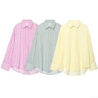 Women's Striped Long Sleeve Shirt Slubbed Cotton Linen Breathable Casual Button Down Blouse Loose High-Low Hem Top For Women Summer