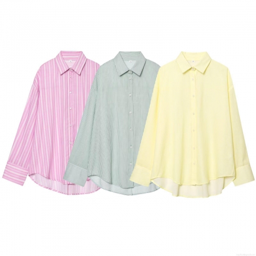 Women's Striped Long Sleeve Shirt Slubbed Cotton Linen Breathable Casual Button Down Blouse Loose High-Low Hem Top For Women Summer