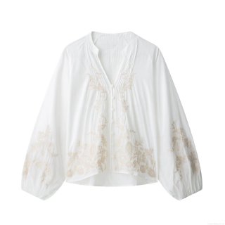 Women's Retro V Neck Floral Embroidered Blouse Loose Fit Lantern Sleeve Pleated Front Polyester Shirt Casual Boho White Top