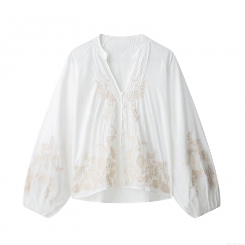Women's Retro V Neck Floral Embroidered Blouse Loose Fit Lantern Sleeve Pleated Front Polyester Shirt Casual Boho White Top