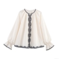 Women's Casual Loose Embroidered Blouse Round Neck Long Lantern Sleeve Polyester Linen Shirt With Button Decoration Ethnic Style Off-White Summer Top