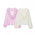Women's French Style Ruffle V-Neck Blouse Elegant Long Sleeve Polyester Spandex Solid Color Shirt For Office Dating Party Ladies