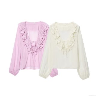 Women's French Style Ruffle V-Neck Blouse Elegant Long Sleeve Polyester Spandex Solid Color Shirt For Office Dating Party Ladies