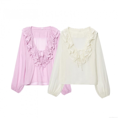 Women's French Style Ruffle V-Neck Blouse Elegant Long Sleeve Polyester Spandex Solid Color Shirt For Office Dating Party Ladies