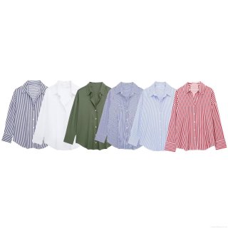 Women's Casual Striped Poplin Shirt Long Sleeve Turn-down Collar Loose Fit Blouse For Daily Wear Minimalist Lightweight Summer Top