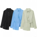 Women Casual Cotton Linen Blouse Shirt Wrap Tie Waist Asymmetric Hem Long Sleeve Turn-down Collar Solid Color Loose Fit Elegant Tops For Office Lady