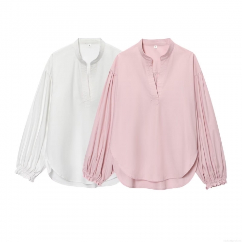 Women's Elegant Washed Cotton Blouse V-Neck Puff Long Sleeve Loose Shirt Solid Color Minimalist Casual Top for Women Daily Wear