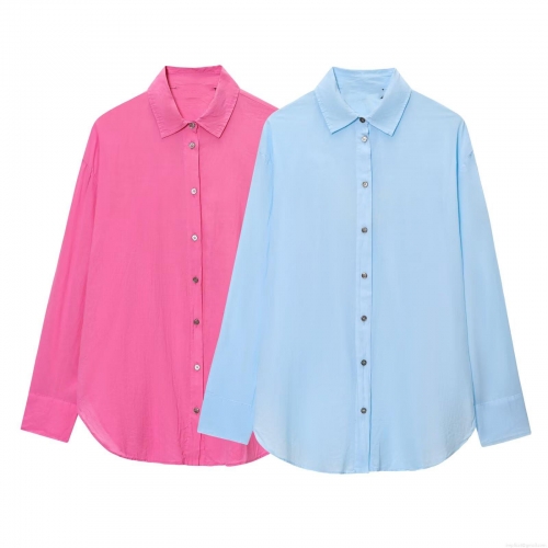 Women's Casual Solid Color Long Sleeve Button Down Shirt Polyester Spandex Breathable Blouse For Daily Office Wear Minimalist Loose Fit Top