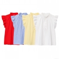 Women Sleeveless Ruffle Stand Collar Blouse 100% Polyester Sweet Striped Solid Summer Top Shirt For Daily Casual Vacation