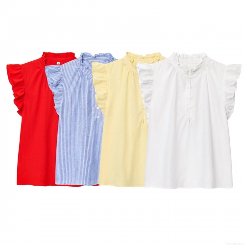 Women Sleeveless Ruffle Stand Collar Blouse 100% Polyester Sweet Striped Solid Summer Top Shirt For Daily Casual Vacation