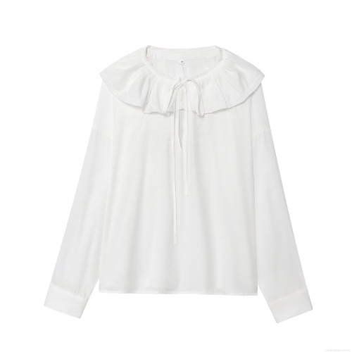 Women Sweet Elegant Ruffle Peter Pan Collar Blouse Slub Cotton Polyester Blend Long Sleeve Solid Color Button Down Tie Front Shirt For Women