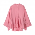 Women's Elegant Satin Long Sleeve Blouse With Ruffle Hem Loose Fit Stand Collar Solid Color Casual Shirt Tops For Women