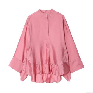 Women's Elegant Satin Long Sleeve Blouse With Ruffle Hem Loose Fit Stand Collar Solid Color Casual Shirt Tops For Women