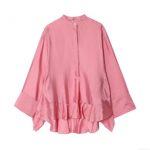 Women's Elegant Satin Long Sleeve Blouse With Ruffle Hem Loose Fit Stand Collar Solid Color Casual Shirt Tops For Women