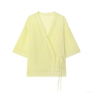 Women Kimono Style Striped Cardigan Top Slub Cotton Blend Cross V-Neck Tie Side Bow Vertical Stripes Summer Casual Vacation Lightweight Blouse