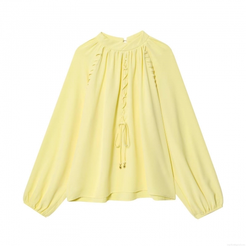 Elegant Women Pale Yellow High Neck Pleated Blouse Lantern Sleeve Loose Chiffon Shirt With Drawstring Tie And Gold Beads For Summer Autumn Office Lady